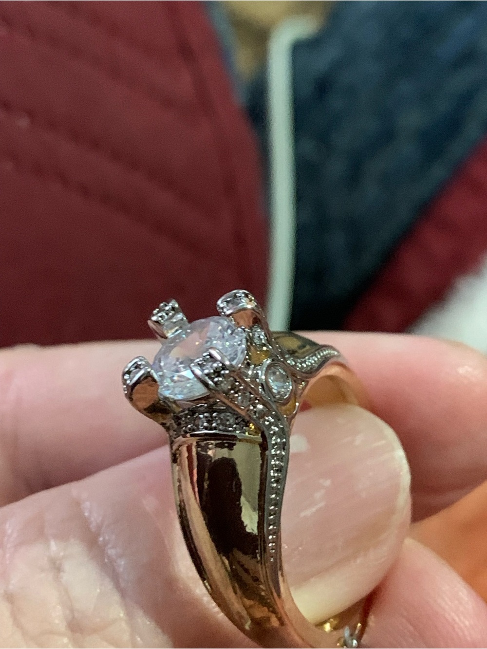 Vintage Gold engagement Ring with diamond Center Stone and Accent Crystals